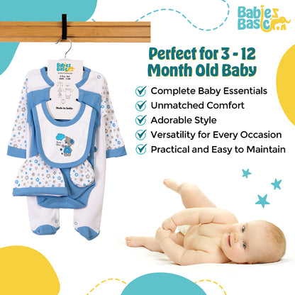 Babiesbasic 5 piece cotton Set include Bib, Romper, Mittens, cap and Sleepsuit- Always be brave, 6-9 Months , Blue