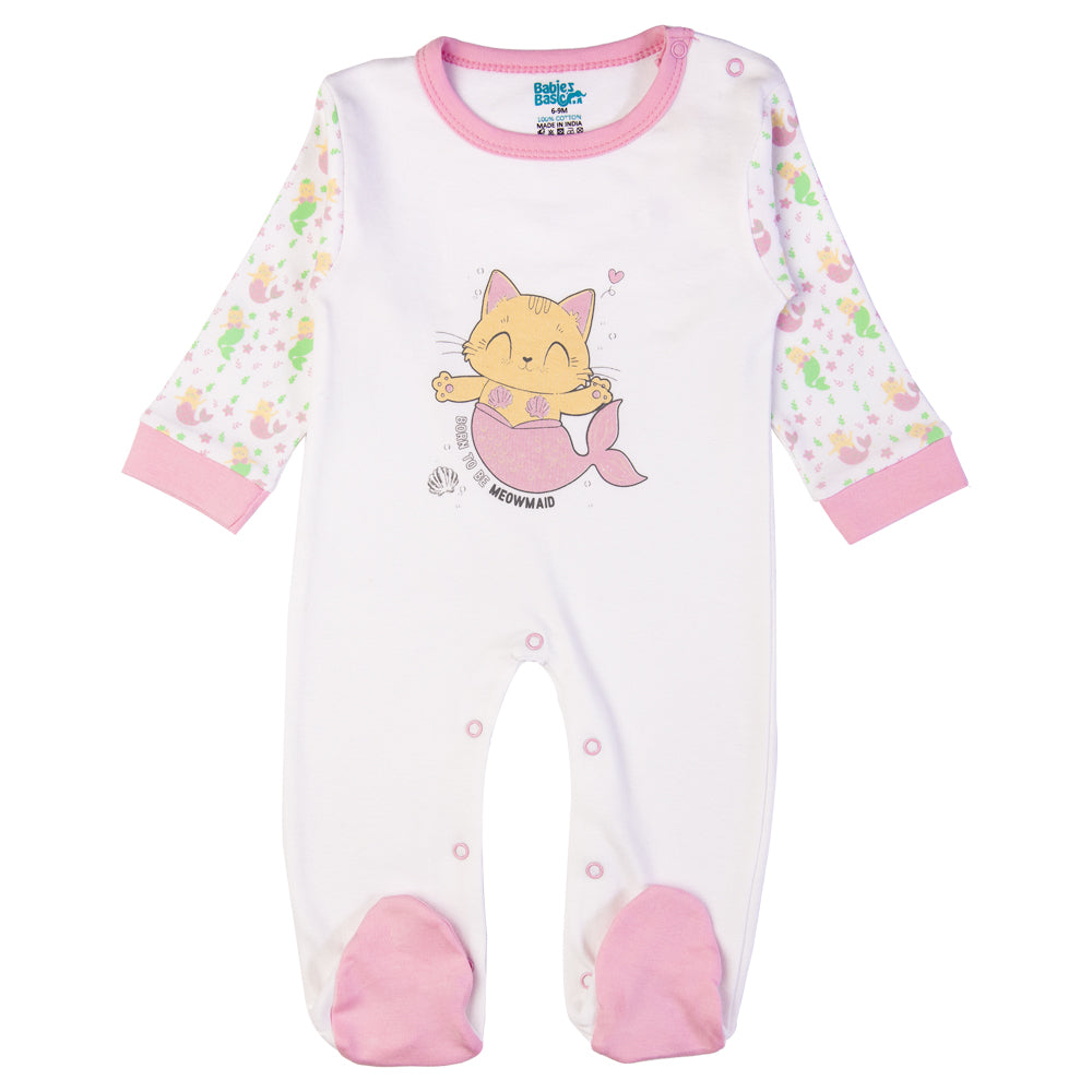 Babiesbasic 5 piece cotton Set include Bib, Romper, Mittens, cap and Sleepsuit- Meowmaid, 9-12 Months , Pink