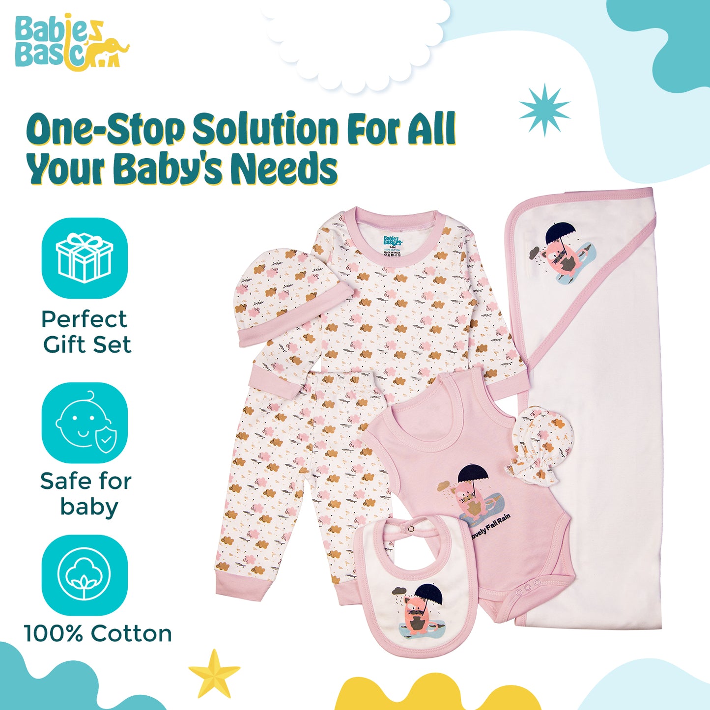 BabiesBasic 7 piece unisex 100% cotton Gift Set include bib, blanket, mitten, cap, romper, top and bottom set, 6-9 Months , Mouve