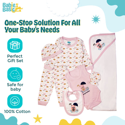 BabiesBasic 7 piece unisex 100% cotton Gift Set include bib, blanket, mitten, cap, romper, top and bottom set, 6-9 Months , Mouve