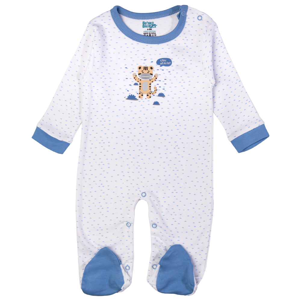 Babiesbasic 5 piece cotton Set include Bib, Romper, Mittens, cap and Sleepsuit- Stay Healthly, 9-12 Months , Blue