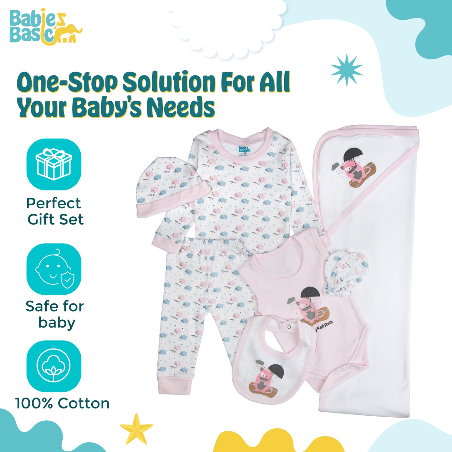 BabiesBasic 7 piece unisex 100% cotton Gift Set include bib, blanket, mitten, cap, romper, top and bottom set, 3-6 Months , Pink