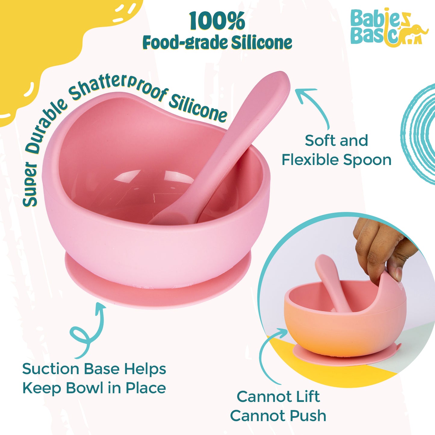 BabiesBasic Feeding Set, 2 Piece Silicone Set with Silicone Suction Bowl and Silicone Spoon - Pink