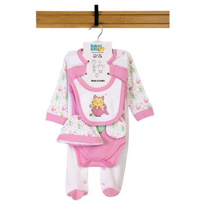 Babiesbasic 5 piece cotton Set include Bib, Romper, Mittens, cap and Sleepsuit- Meowmaid, 3-6 Months , Pink