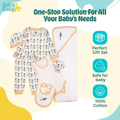 BabiesBasic 7 piece unisex 100% cotton Gift Set include bib, blanket, mitten, cap, romper, top and bottom set, 3-6 Months , Beige