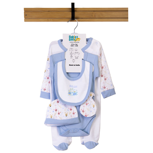 Babiesbasic 5 piece cotton Set include Bib, Romper, Mittens, cap and Sleepsuit- Hug Day, 3-6 Months , Blue