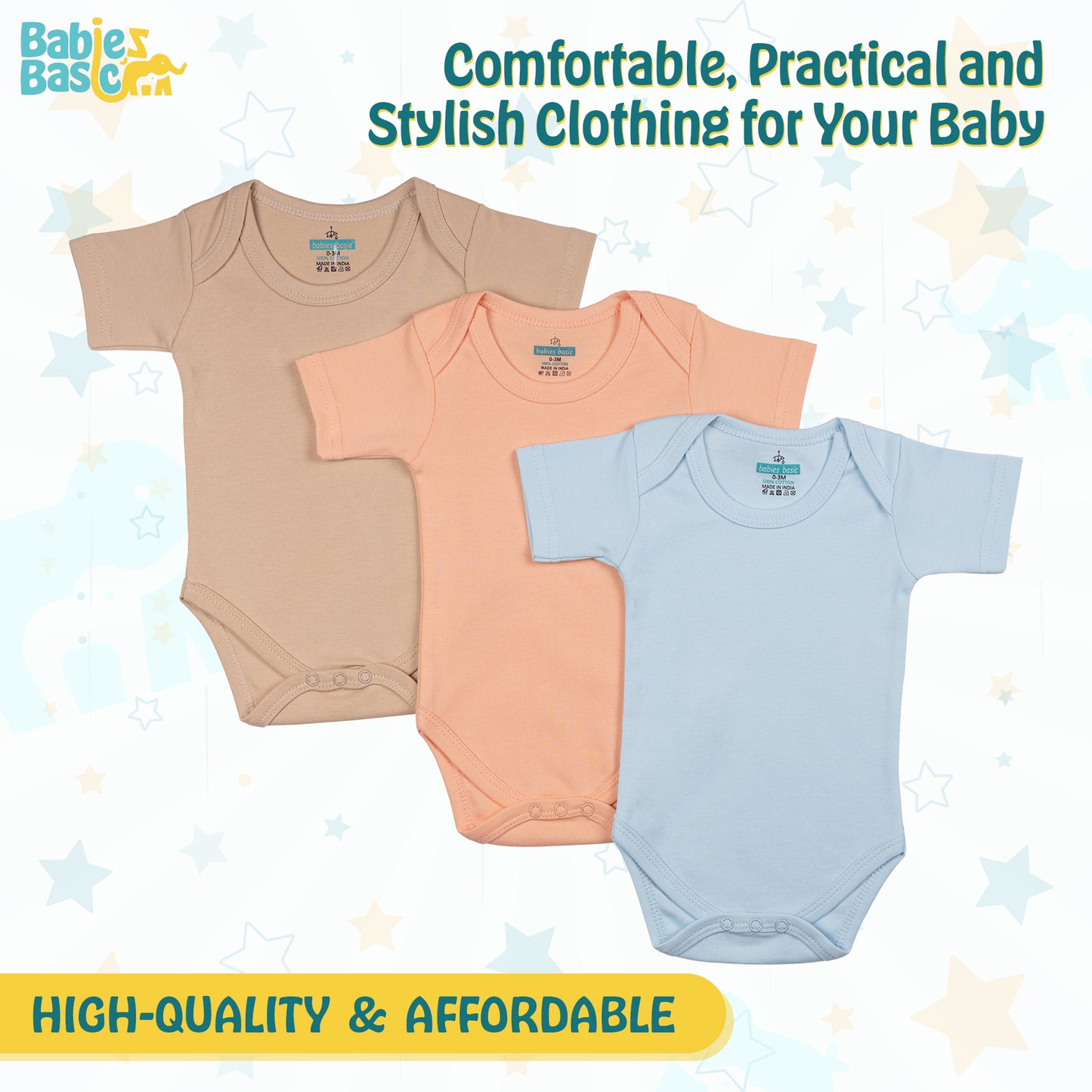 BabiesBasic 100% Super Combed Cotton, Short Sleeves Romper/Bodysuit, Set of 3 - Blue, Brown, Orange, 0-3 Months