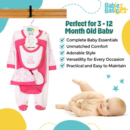 Babiesbasic 5 piece unisex 100% cotton Gift Set include Bib, Romper, Mittens, cap and Sleepsuit/Jumpsuit- Teddy, 3-6 Months , Red