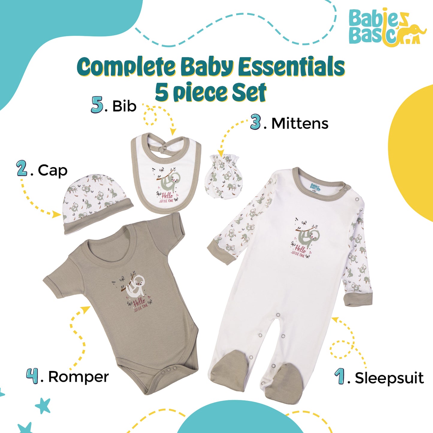 Babiesbasic 5 piece cotton Set include Bib, Romper, Mittens, cap and Sleepsuit- Hello Little One, 9-12 Months , Grey