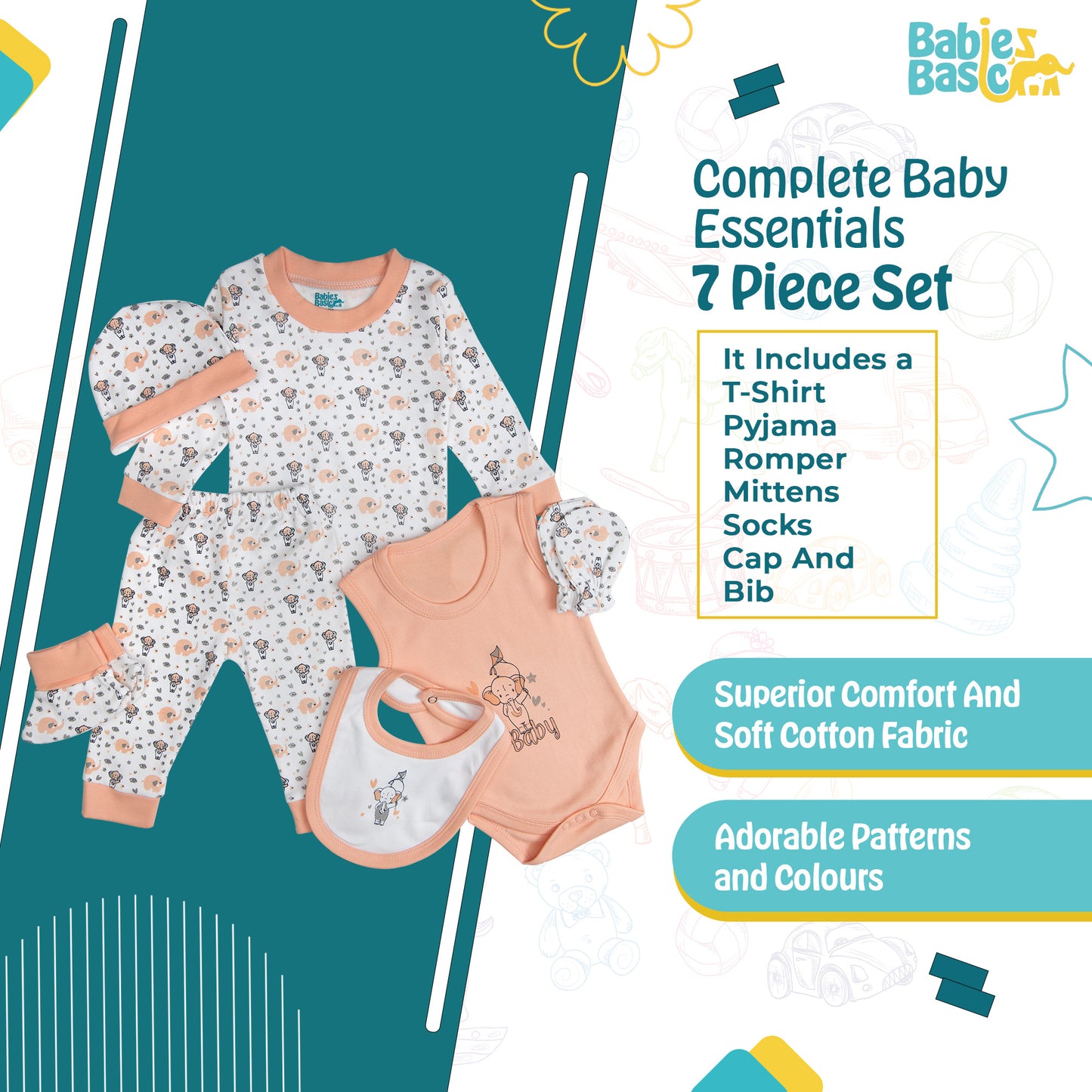 BabiesBasic 7 piece unisex 100% cotton Set include bib, socks, mitten, cap, romper, top and bottom set, 6-9 Months , Peach