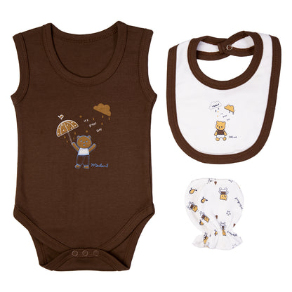 BabiesBasic 7 piece cotton Set include bib, blanket, mitten, cap, romper, top and bottom set, 9-12 Months , Brown