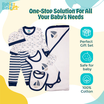 BabiesBasic 7 piece unisex 100% cotton Gift Set include bib, blanket, mitten, cap, romper, top and bottom set, 6-9 Months , Blue