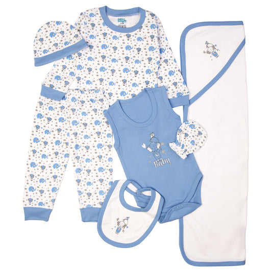 BabiesBasic 7 piece unisex 100% cotton Gift Set include bib, blanket, mitten, cap, romper, top and bottom set, 9-12 Months , Blue