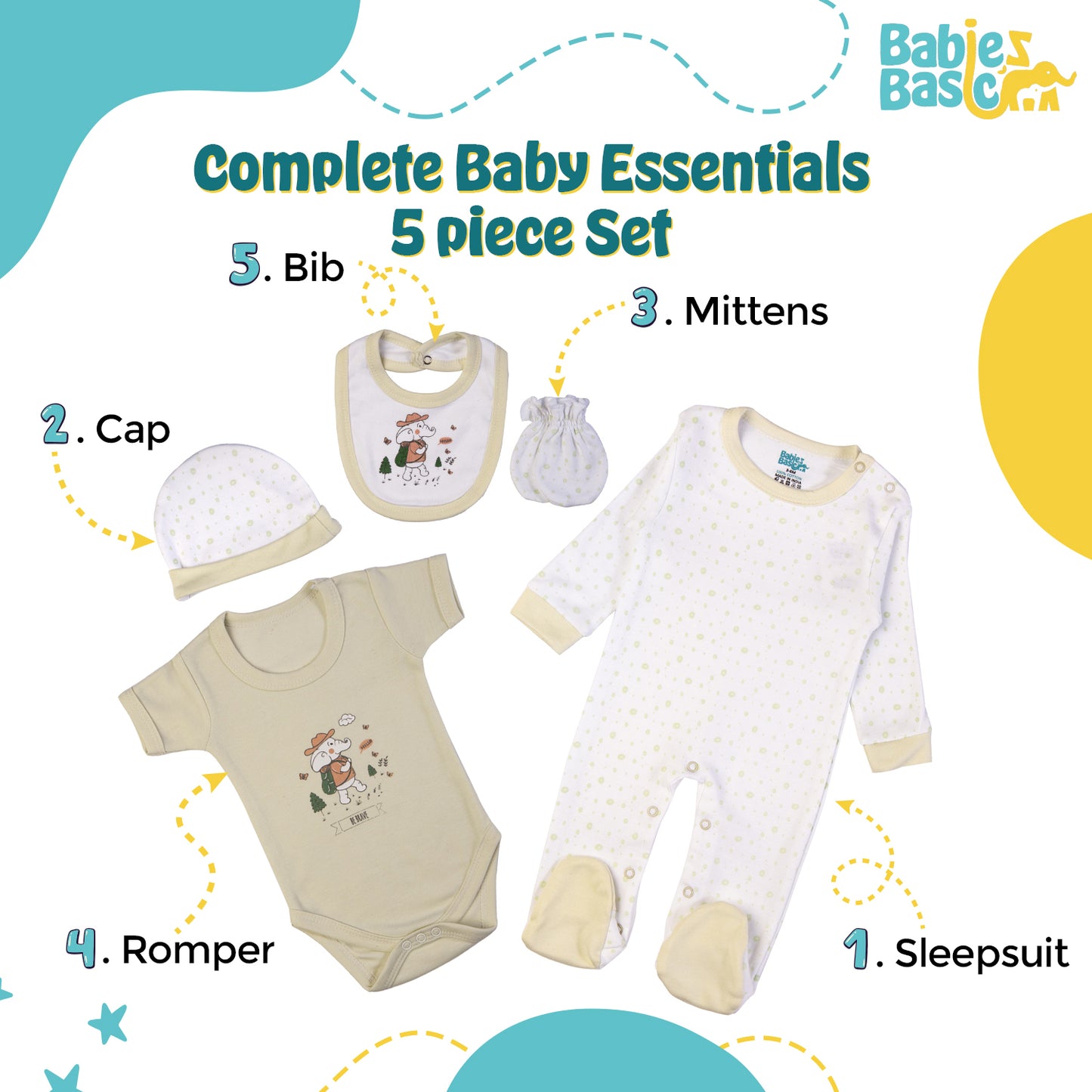 Babiesbasic 5 piece cotton Set include Bib, Romper, Mittens, cap and Sleepsuit- Be Brave, 9-12 Months , Green