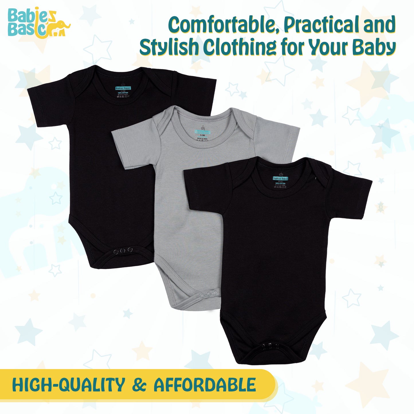 BabiesBasic 100% Super Combed Cotton, Short Sleeves Romper/Bodysuit, Set of 3 - Black, Navy,Grey, 0-3 Months