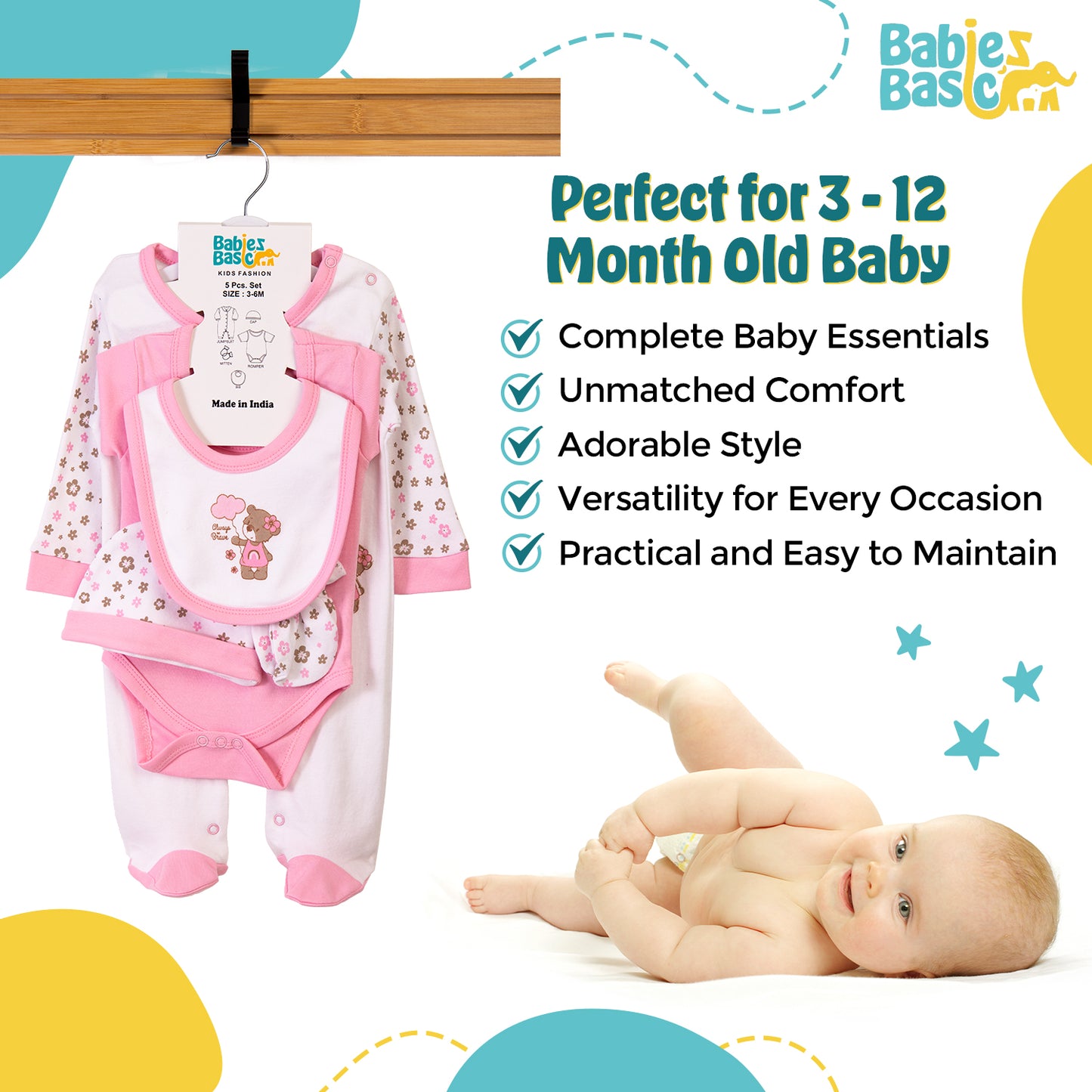 Babiesbasic 5 piece cotton Set include Bib, Romper, Mittens, cap and Sleepsuit- Always be brave, 6-9 Months , Pink