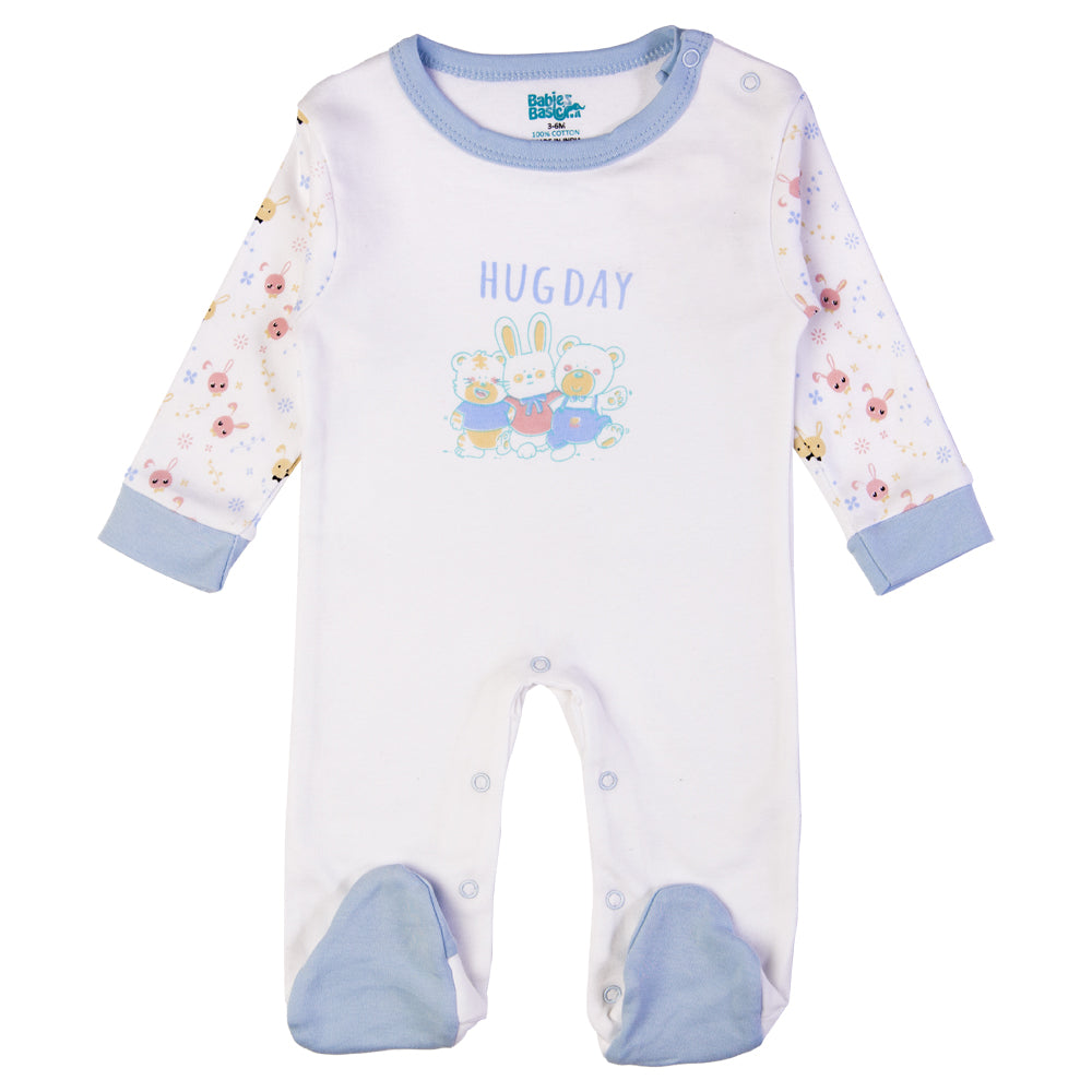 Babiesbasic 5 piece cotton Set include Bib, Romper, Mittens, cap and Sleepsuit- Hug Day, 3-6 Months , Blue