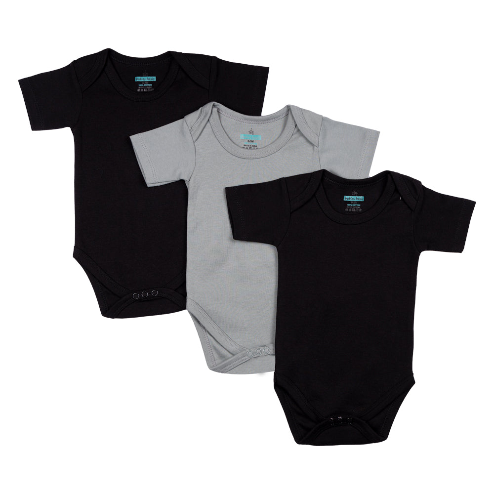 BabiesBasic 100% Super Combed Cotton, Short Sleeves Romper/Bodysuit, Set of 3 - Black, Navy,Grey, 9-12 Months