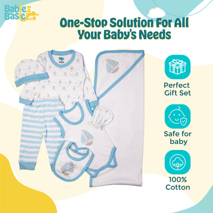 BabiesBasic 7 piece unisex 100% cotton Gift Set include bib, blanket, mitten, cap, romper, top and bottom set, 9-12 Months , Blue