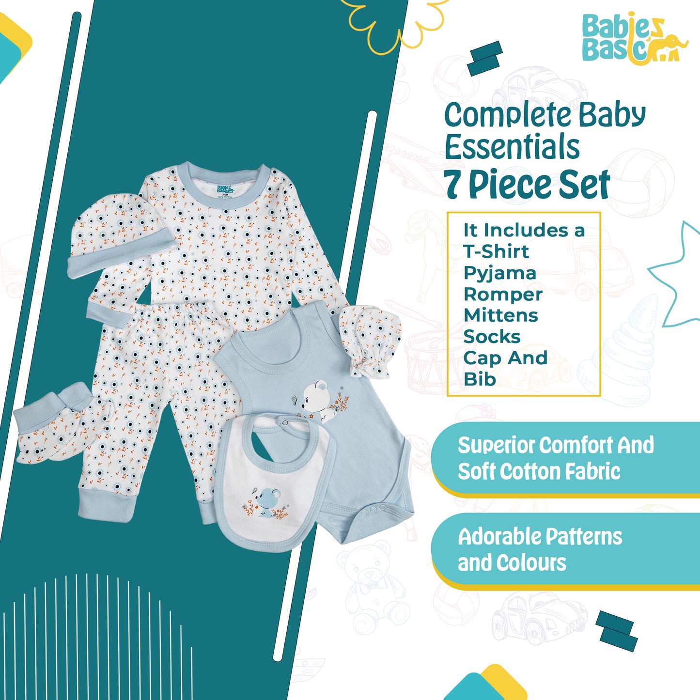 BabiesBasic 7 piece unisex 100% cotton Set include bib, socks, mitten, cap, romper, top and bottom set, 6-9 Months , Blue