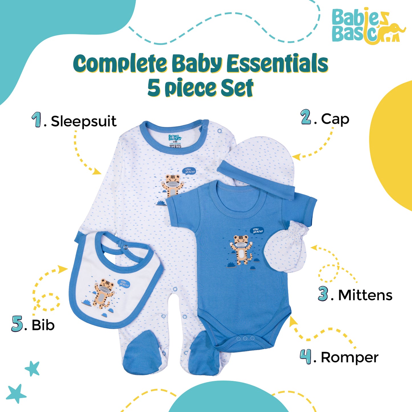 Babiesbasic 5 piece cotton Set include Bib, Romper, Mittens, cap and Sleepsuit- Stay Healthly, 9-12 Months , Blue