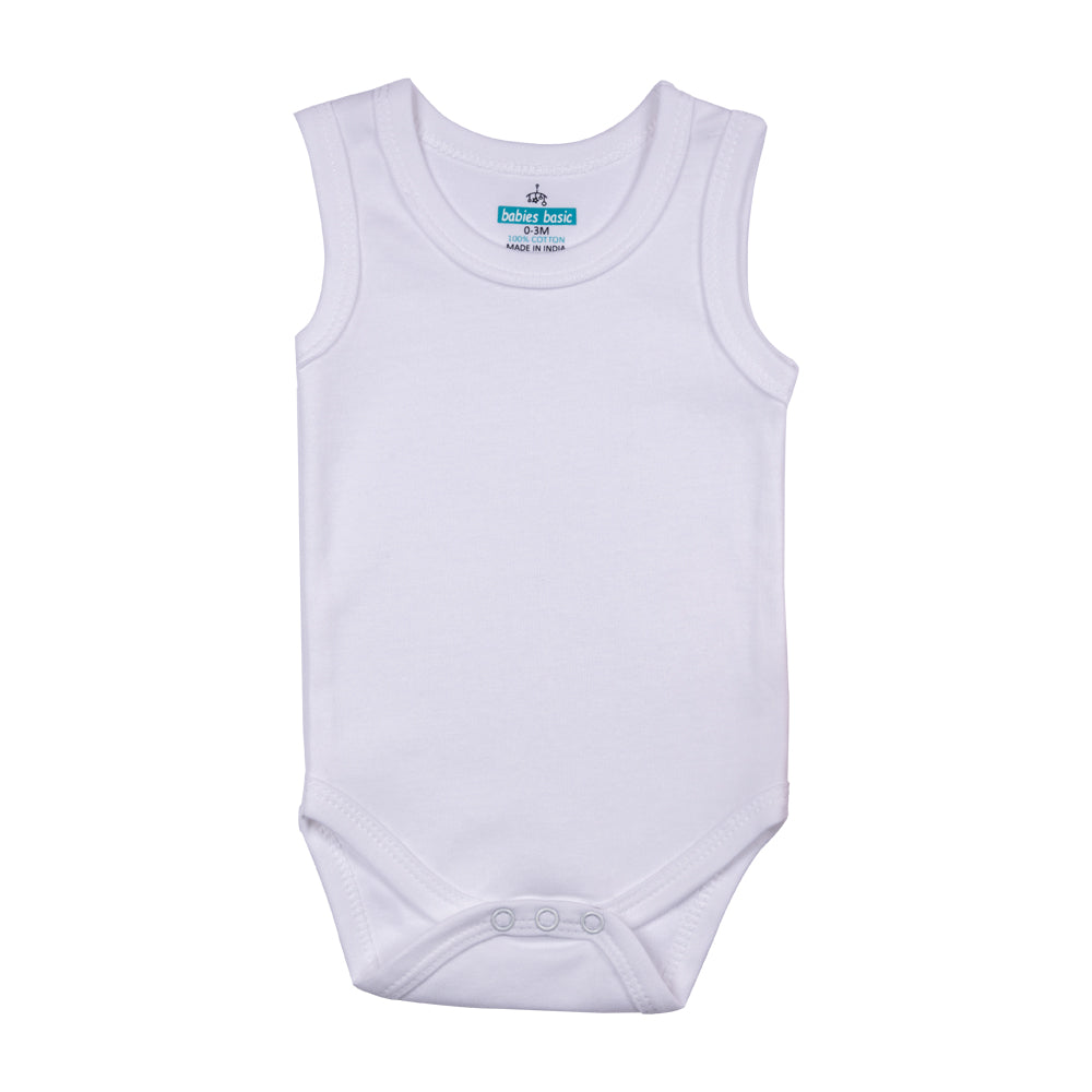 BabiesBasic 100% Super Combed Cotton, SleeveLess Romper/Bodysuit, for New Born to 24months. Set of 6 - White, 3-6 Months