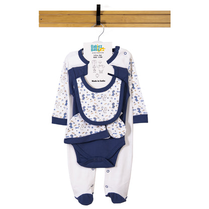 Babiesbasic 5 piece cotton Set include Bib, Romper, Mittens, cap and Sleepsuit- Be Happy, 6-9 Months , Blue