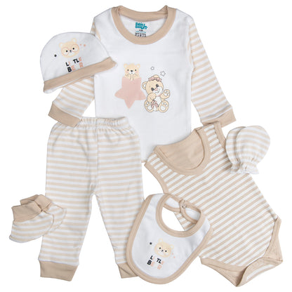 BabiesBasic 7 piece unisex 100% cotton Set include bib, socks, mitten, cap, romper, top and bottom set, 6-9 Months , Brown