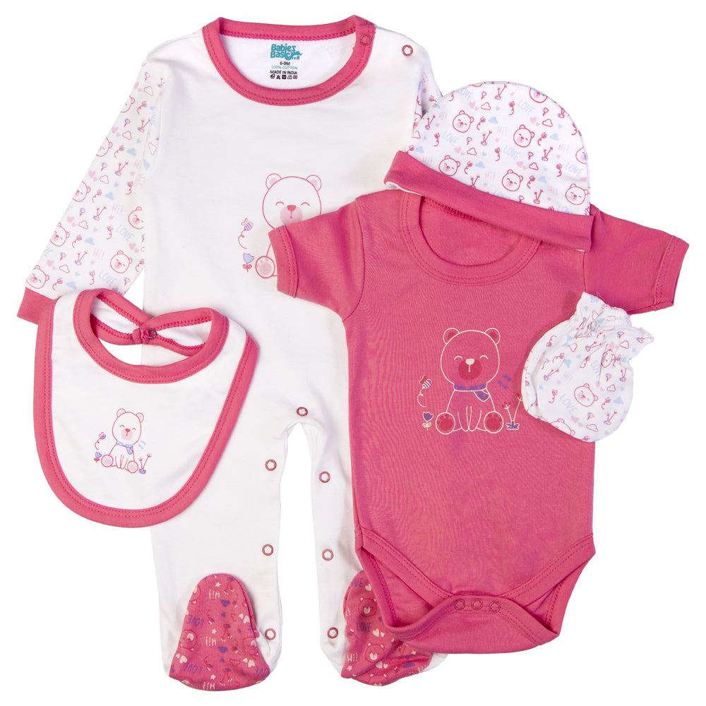 Babiesbasic 5 piece unisex 100% cotton Gift Set include Bib, Romper, Mittens, cap and Sleepsuit/Jumpsuit- Teddy, 3-6 Months , Red