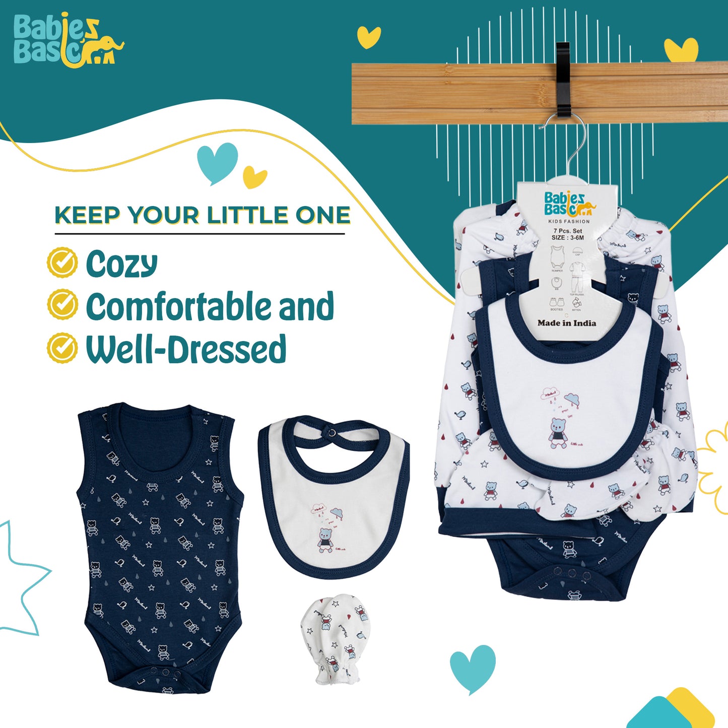 BabiesBasic 7 piece unisex 100% cotton Set include bib, socks, mitten, cap, romper, top and bottom set, 9-12 Months , Blue