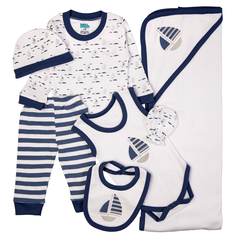 BabiesBasic 7 piece unisex 100% cotton Gift Set include bib, blanket, mitten, cap, romper, top and bottom set, 6-9 Months , Blue