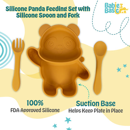 BabiesBasic Feeding Set, 3 Piece, Silicone Feeding Panda Set with Silicone Suction Plate, Spoon and Fork - Yellow