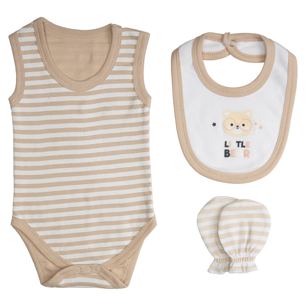 BabiesBasic 7 piece unisex 100% cotton Set include bib, socks, mitten, cap, romper, top and bottom set, 9-12 Months , Brown