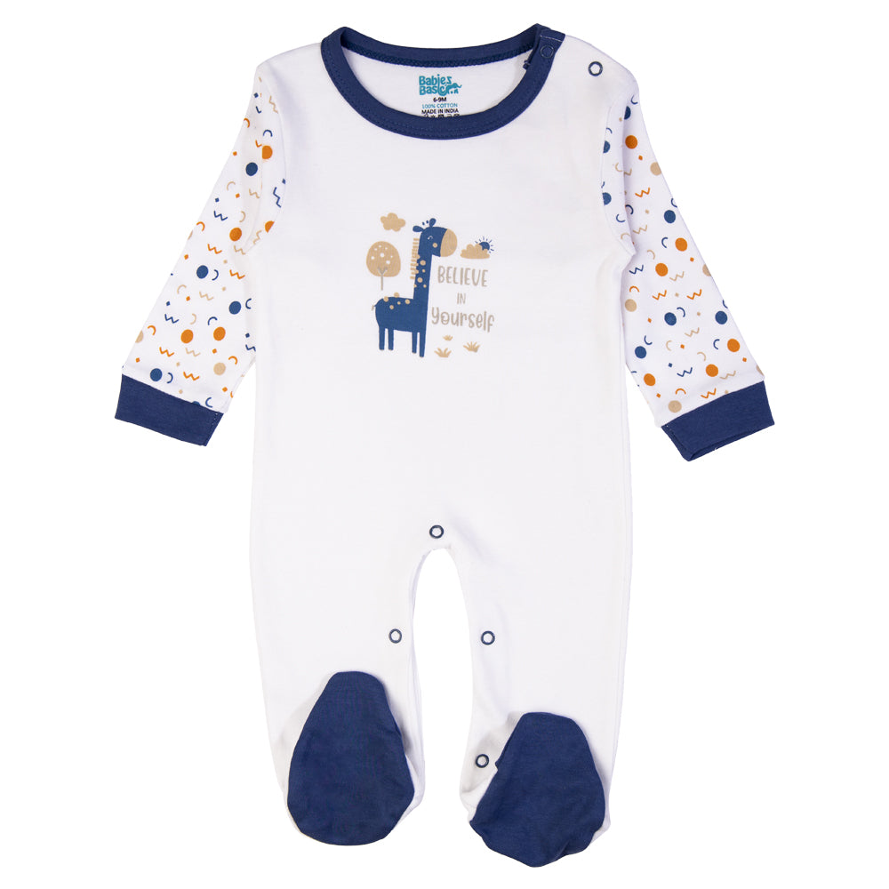 Babiesbasic 5 piece cotton Set include Bib, Romper, Mittens, cap and Sleepsuit- Believe in Yourself, 6-9 Months , Blue