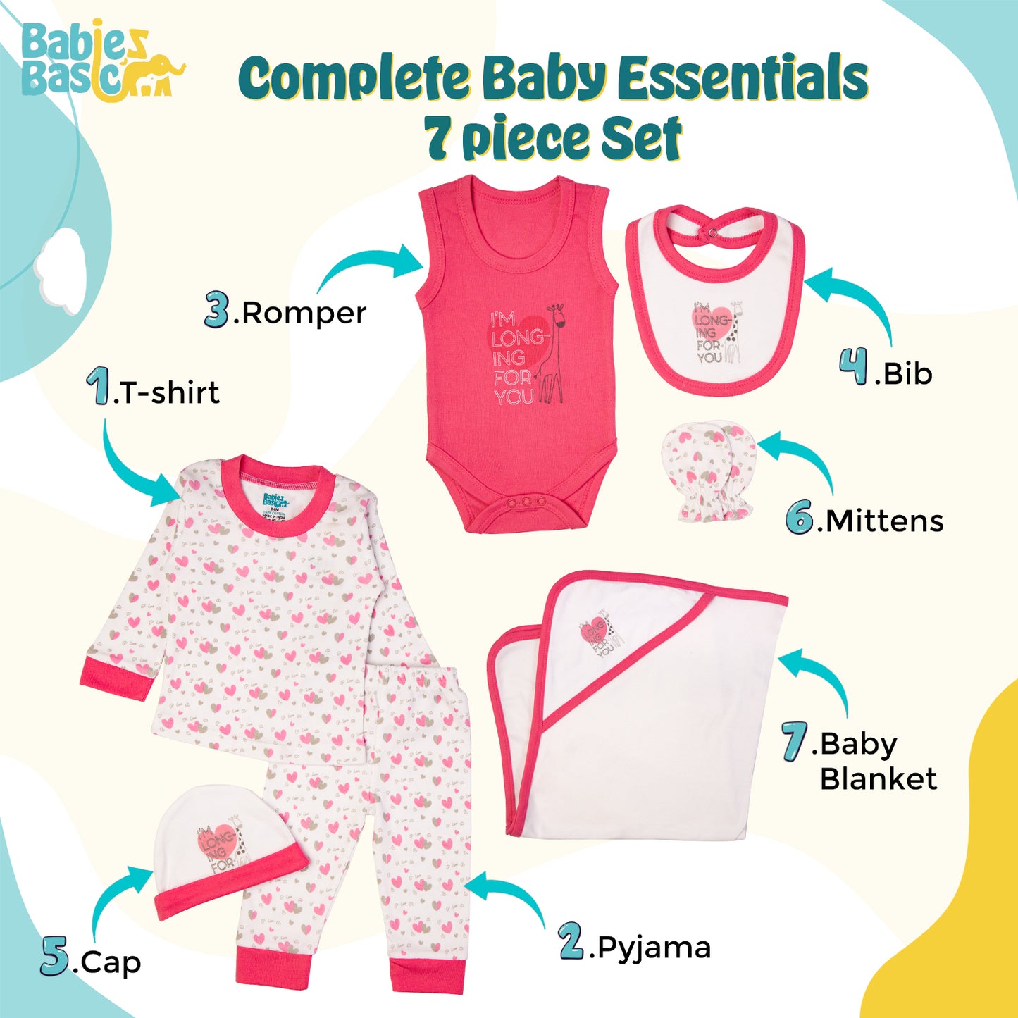 BabiesBasic 7 piece unisex 100% cotton Gift Set include bib, blanket, mitten, cap, romper, top and bottom set, 3-6 Months , Pink