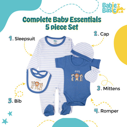 Babiesbasic 5 piece cotton Set include Bib, Romper, Mittens, cap and Sleepsuit- Life is Better, 3-6 Months , Blue