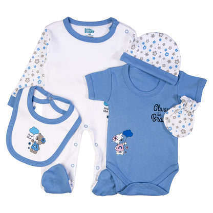 Babiesbasic 5 piece cotton Set include Bib, Romper, Mittens, cap and Sleepsuit- Always be brave, 9-12 Months , Blue