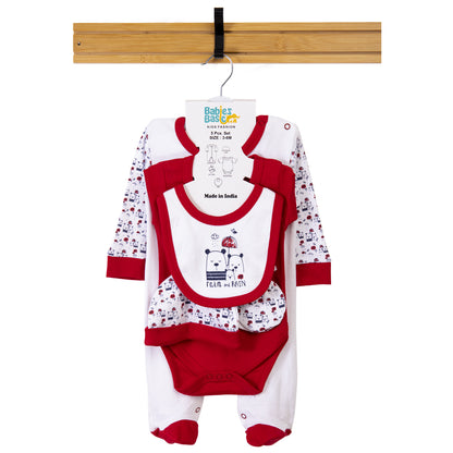 Babiesbasic 5 piece unisex 100% cotton Gift Set include Bib, Romper, Mittens, cap and Sleepsuit/Jumpsuit- Rain, 3-6 Months , Red