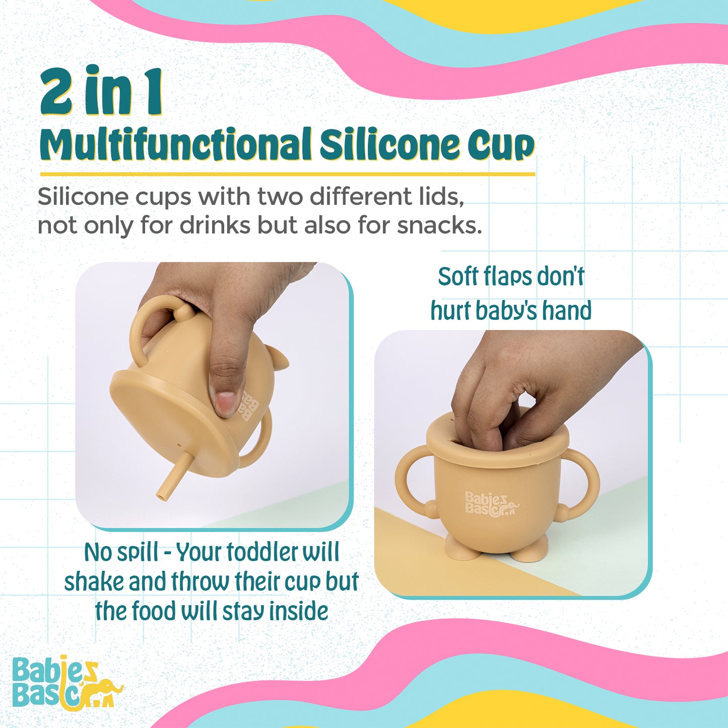 BabiesBasic Multi Purpose 2 in 1 Silicone Cup with Straw or a Snack Lid - Beige