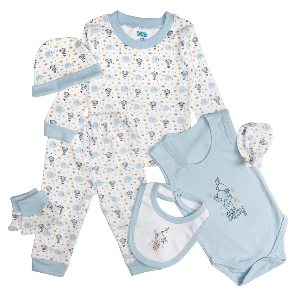 BabiesBasic 7 piece unisex 100% cotton Set include bib, socks, mitten, cap, romper, top and bottom set, 9-12 Months , Blue