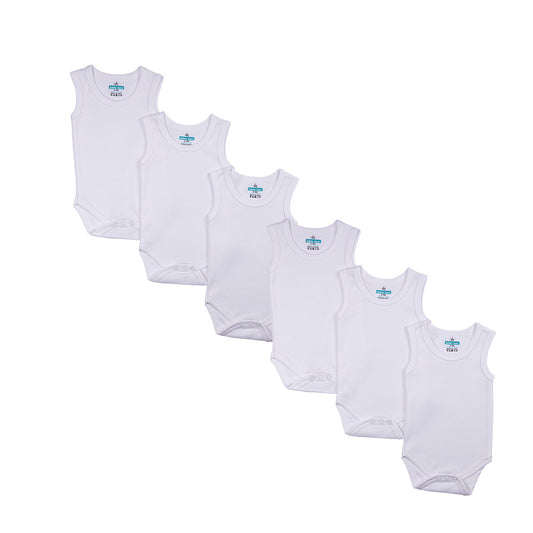 BabiesBasic 100% Super Combed Cotton, SleeveLess Romper/Bodysuit, for New Born to 24months. Set of 6 - White, 0-3 Months