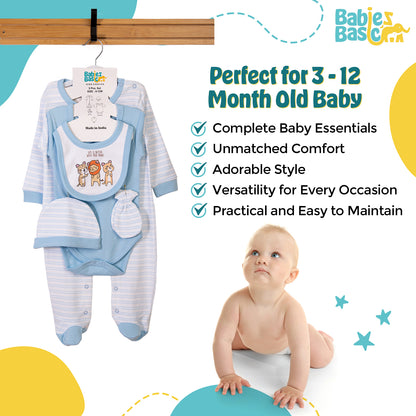 Babiesbasic 5 piece cotton Set include Bib, Romper, Mittens, cap and Sleepsuit- Life is Better, 3-6 Months , Blue