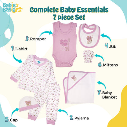 BabiesBasic 7 piece cotton Set include bib, blanket, mitten, cap, romper, top and bottom set, 3-6 Months , Purple