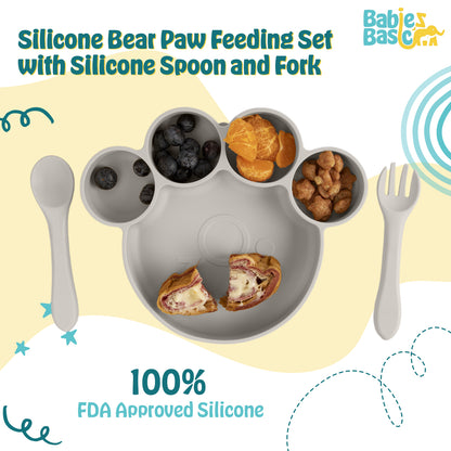 BabiesBasic Feeding Set, 3 Piece, Silicone Feeding Paw Set with Silicone Suction Plate, Spoon and Fork - Grey