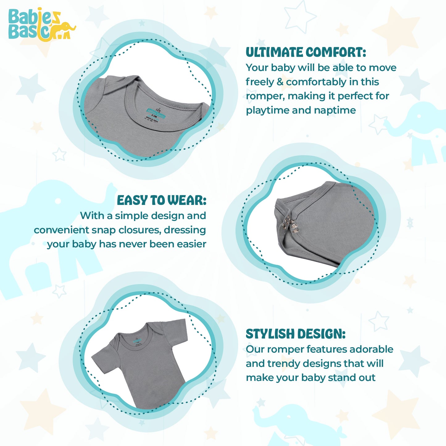 BabiesBasic 100% Super Combed Cotton, Short Sleeves Romper/Bodysuit, Set of 3 - Black, Navy,Grey, 3-6 Months