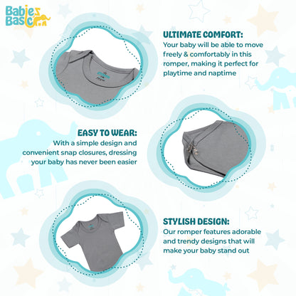 BabiesBasic 100% Super Combed Cotton, Short Sleeves Romper/Bodysuit, Set of 3 - Black, Navy,Grey, 3-6 Months