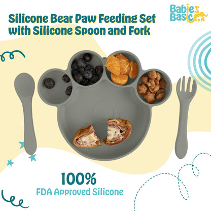 BabiesBasic Feeding Set, 3 Piece, Silicone Feeding Paw Set with Silicone Suction Plate, Spoon and Fork - Green