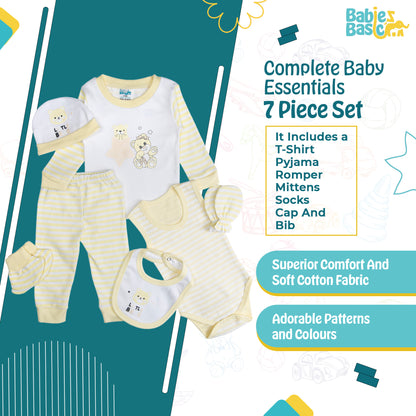 BabiesBasic 7 piece unisex 100% cotton Set include bib, socks, mitten, cap, romper, top and bottom set, 9-12 Months , Yellow