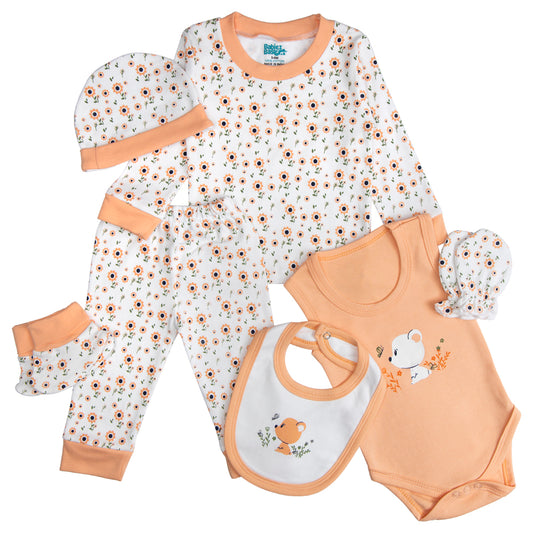 BabiesBasic 7 piece unisex 100% cotton Set include bib, socks, mitten, cap, romper, top and bottom set, 9-12 Months , Peach