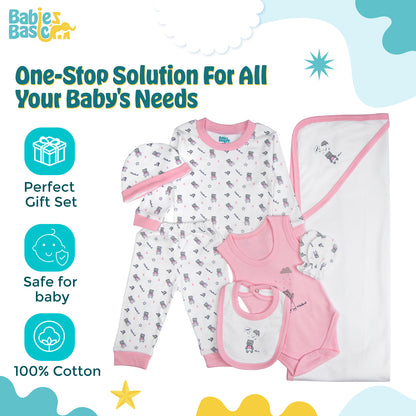 BabiesBasic 7 piece unisex 100% cotton Gift Set include bib, blanket, mitten, cap, romper, top and bottom set, 3-6 Months , Pink